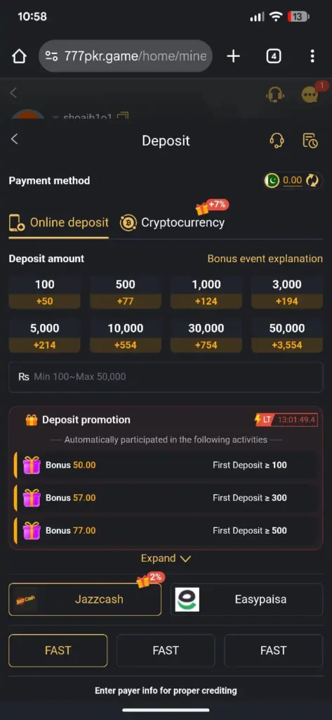 777pkr Game  Deposit